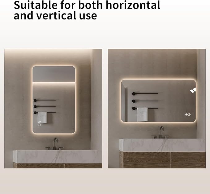 LAIYA 70.8x35.5 Inch LED Bathroom Mirror, 3 Color Modes, Dimmable, Anti-Fog | Large LED bathroom mirror with 3 color temperatures, smooth dimming, anti-fog, memory, and horizontal or vertical mount.