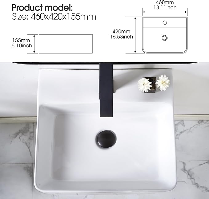 18.1 x 16.5 inch Modern White Rectangle Wall Mounted Bathroom Sink, Mini Floating Bathroom Vessel Sinks, Small Porcelain Corner Wall Mount Sink for Rvs, Restroom, Toilet