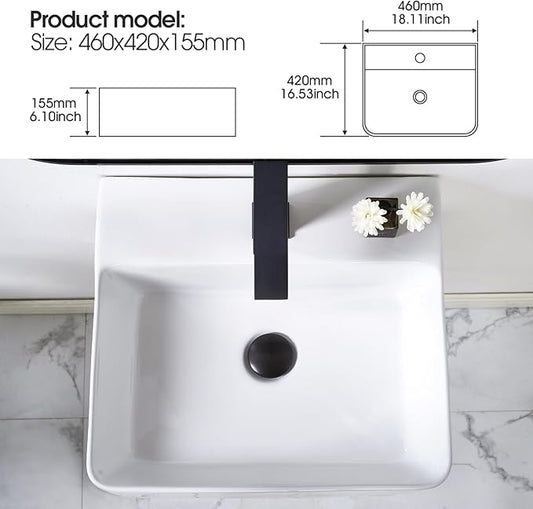 18.1 x 16.5 inch Modern White Rectangle Wall Mounted Bathroom Sink, Mini Floating Bathroom Vessel Sinks, Small Porcelain Corner Wall Mount Sink for Rvs, Restroom, Toilet