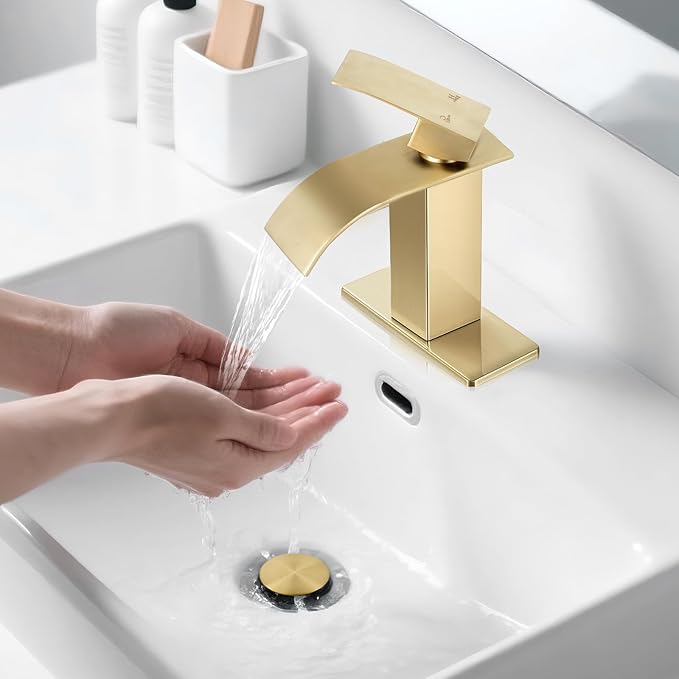 Brushed Gold Bathroom Faucets, Waterfall Bathroom Sink Faucet Modern Single Handle Bathroom Faucte 1 or 3 Hole, RV Mixer Tap Vanity Faucet - Includes Pop-up Drain Supply Hoses Deck Plate