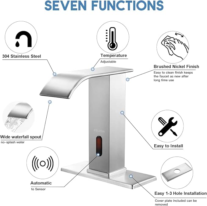Touchless Bathroom Faucet Automatic Bathroom Sink Faucet with Sensor, Control Box and Temperature Mixer and Hole Cover Plate, Brushed Nickel