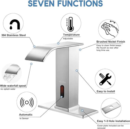Touchless Bathroom Faucet Automatic Bathroom Sink Faucet with Sensor, Control Box and Temperature Mixer and Hole Cover Plate, Brushed Nickel