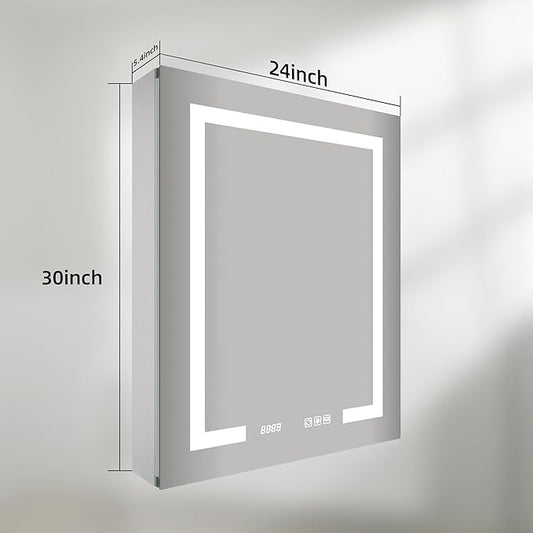 LED Medicine Cabinet Mirror, 24x30 Inch Bathroom Storage, Recessed/Wall Mount, Plug-in/Hardwired, 3 Color Dimmable Light, Anti-Fog, Time Temp Display, Right Hinge