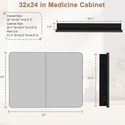 32x24 in Double Door Medicine Cabinet with Mirror, Matte Black | Fully Assembled; Recessed or Surface Wall Mount; Metal Cabinet with Tempered Glass Mirror and Two Adjustable Glass Shelves