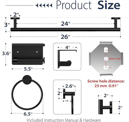 5-Piece Matte Black Bathroom Towel Bar Set,24" Bathroom Hardware Kit | Total 26 Inch Towel Racks for Bathroom Wall Mounted,SUS304 Stainless Steel Towel Bar for Bathroom, Kitchen, Laundry