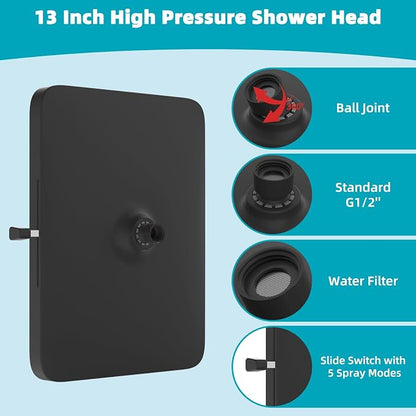 Hibbent cUPC Certified 5 Spray Modes Shower Head, 13'' High Pressure Large Rainfall Shower Head, High Flow Waterfall Bathroom Fixed Showerheads, Adjustable Swivel Ball Joint, Matte Black
