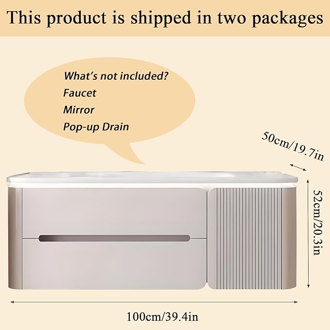 Modern wall mounted bathroom vanity, floating bathroom vanity with sink with double drawers, striped panel design, ceramic integrated basin, easy installation, suitable for small spaces (39.4in)