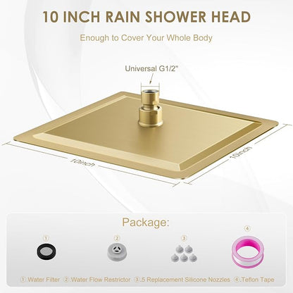 10 Inch Gold Rain Shower Head - All Metal Stainless Steel 304, Ultra Thin Design, Modern Bathroom Square Rainfall Showerheads - Full Body Coverage Bath Shower