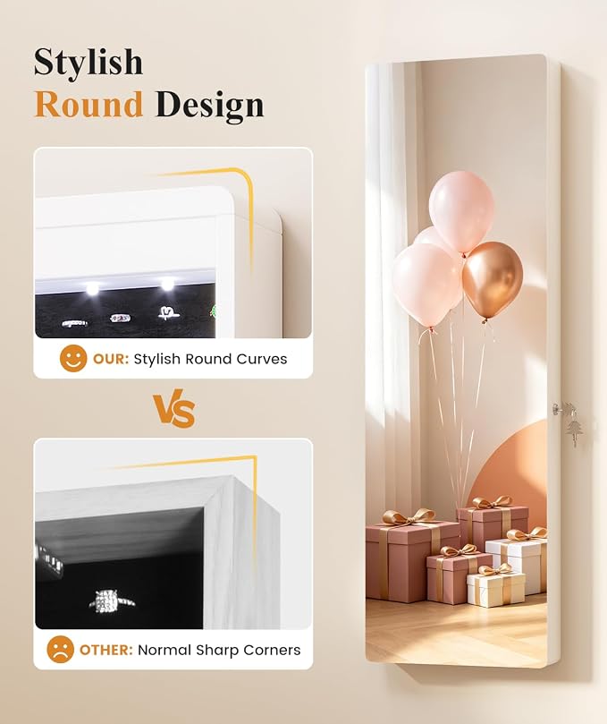 LVSOMT Over the Door Jewelry Organizer with Mirror Door Mirror with Storage | Jewelry Mirror Cabinet with Large Capacity, 6 LED Lights,Velvet Lining, Space-Saving for Bedroom, Cloakroom, Gift Women Girls