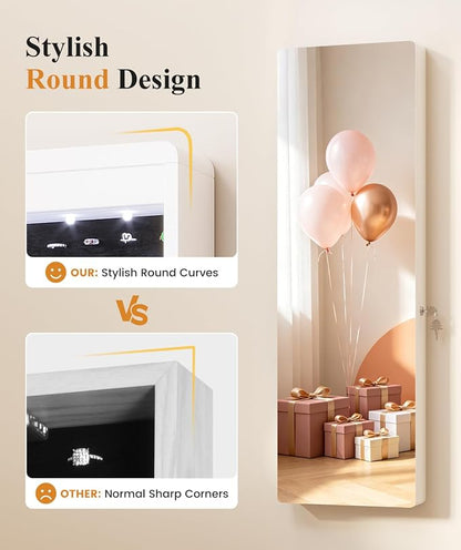 LVSOMT Over the Door Jewelry Organizer with Mirror Door Mirror with Storage | Jewelry Mirror Cabinet with Large Capacity, 6 LED Lights,Velvet Lining, Space-Saving for Bedroom, Cloakroom, Gift Women Girls