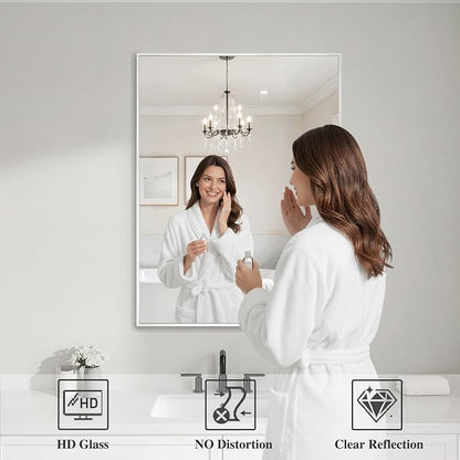 Koonmi White Rectangle Wall Mirror, 24x32 Inch Bathroom Mirror, Aluminum Frame Vanity Mirror for Entryway, Living Room, Bedroom Bathroom, Hangs Horizontally or Vertically