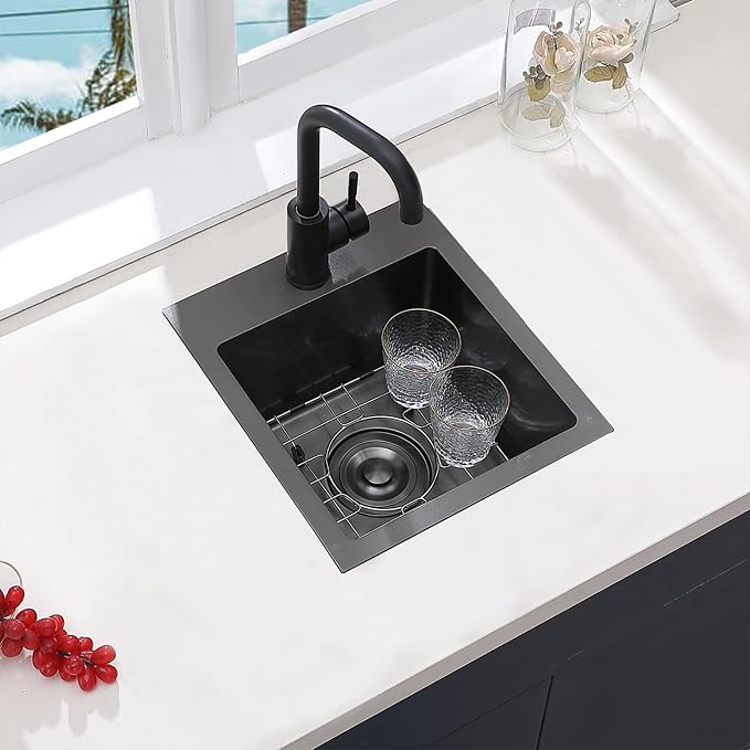 VCCUCINE Gunmetal Black Bar Sink Drop in, 13x15 Inch Topmount RV Small Kitchen Sink, Handmade Stainless Steel Wet Bar Sink, Outdoor Single Bowl Prep Sink with Dish Grid & Drain