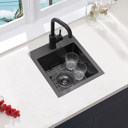 VCCUCINE Gunmetal Black Bar Sink Drop in, 13x15 Inch Topmount RV Small Kitchen Sink, Handmade Stainless Steel Wet Bar Sink, Outdoor Single Bowl Prep Sink with Dish Grid & Drain