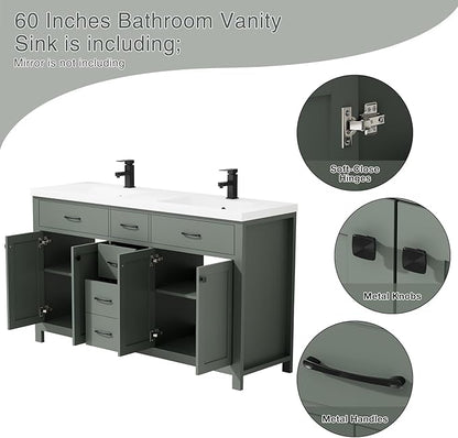 LUCKWIND 60" Bathroom Vanity and Sink Combo, Painted Modern Bathroom Storage Cabinet with Double Ceramic Sink, Four Doors and Three Drawers, Include Faucet, Without Mirror, Green