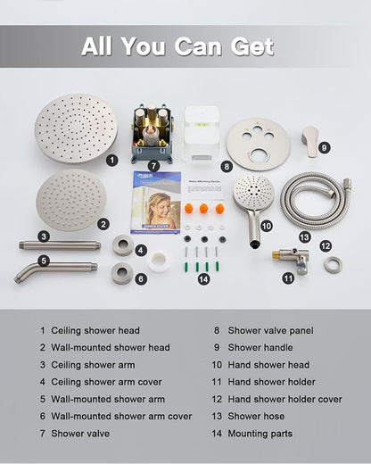 Iriber Brushed Nickel Shower head with Handheld,8"+10" Shower Faucet Set | 10 Inch Ceiling +8 Inch Wall Mount Dual Shower Heads,Push Button Diverter,3 Setting Handheld,Pressure Balance Valve Cartridge
