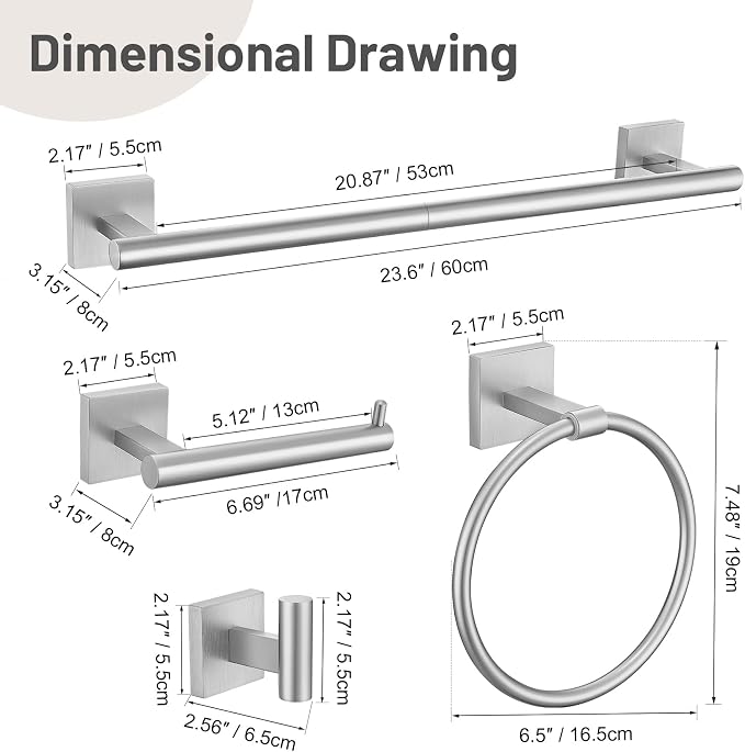 Lairuier 10-Piece Brushed Nickel Bathroom Accessories, Towel Bar Set | Bathroom Hardware Set Includes SUS304 23.6" Towel Bar, Towel Ring, Toilet Paper Holder and Towel Hooks Wall Mounted