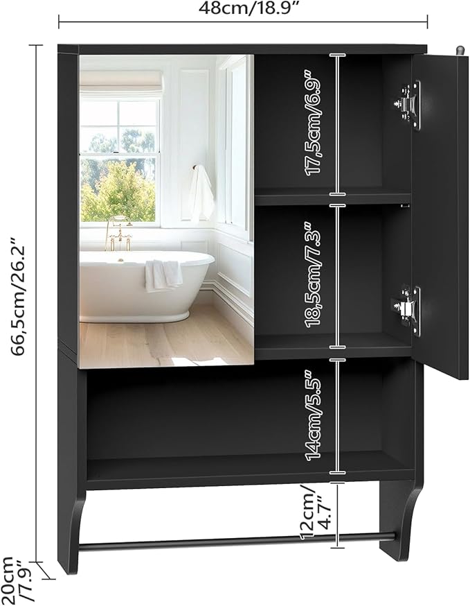 Bathroom Wall Cabinet with Mirror, Medicine Cabinet with 2 Door and Adjustable Shelf, Wall Mounted Over The Toilet Storage Cabinet for Bathroom Laundry Room Kitchen, 18.9"W x 26.2"H, Black