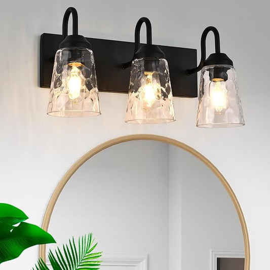3-Light Bathroom Light Fixtures, Coastal Vanity Lights with Crystal Glass Shade, Black Bathroom Wall Lamp for Mirror Kitchen Hallway Bedroom