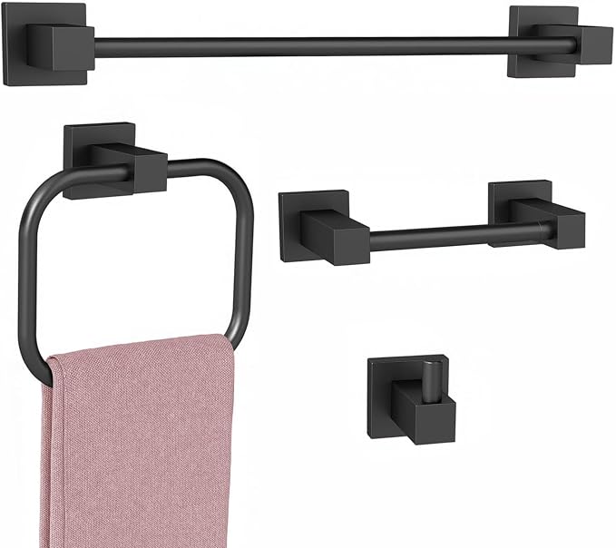 4 Pieces Matte Black Bathroom Hardware Accessories Set, 16 Inch Bath Towel Holder Sets with Toilet Paper Holder, Stainless Steel Towel Racks for Bathroom Wall Mounted