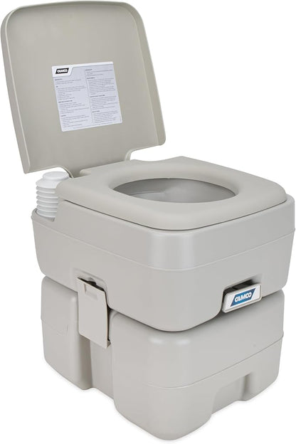 Camco 5.3-Gallon Portable Toilet - Features Detachable Holding Tank w/Sealing Slide Valve & Bellow-Type Flush - Easy Transport w/Compact Lightweight Design & Carry Handle - Gray (41541)