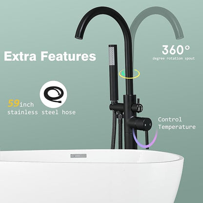 Freestanding Bathtub Faucet - Free Standing Tub Faucet with Swivel Gooseneck Spout and Cylinder Handheld for Bathroom Bathtubs, Matte Black