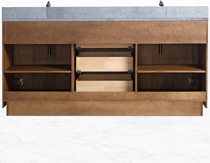HOMEBEYOND 72" Bathroom Vanity with Double Sink & Ceramic Top, MDF Material Vanity Cabinet with Basin Combo, Soft-Closing Doors, Removable Shelf, Backsplash, Tan