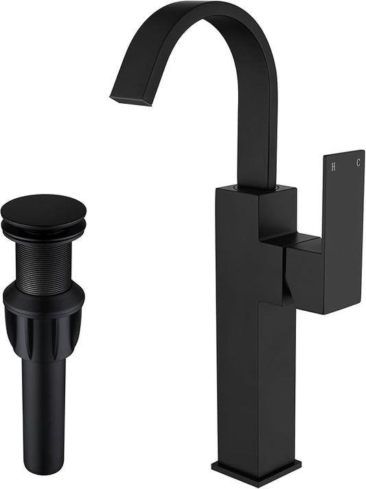 Matte Black Vessel Sink Faucet, Single Handle Tall Bathroom Faucet，Waterfall Bathroom Faucet Single Hole Lavatory Vanity Tap Single Hole Bar Sink Faucet with Pop Up Drain and Supply Lines,SL50044BK
