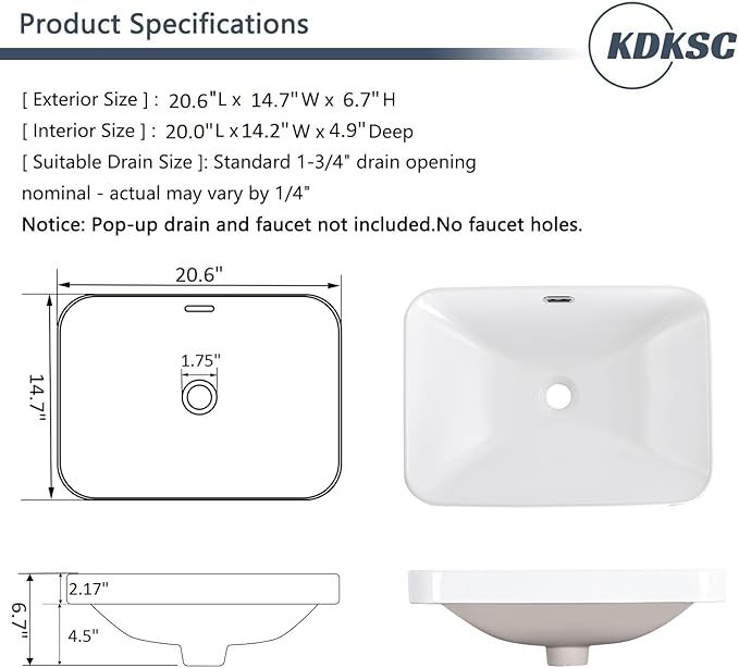 Bathroom Vessel Sink 20.6'' x 14.7'' Semi Recessed Bathroom Sink Rectangular Drop In Sink with Overflow White Ceramic Modern Vessel Sinks for Bathroom