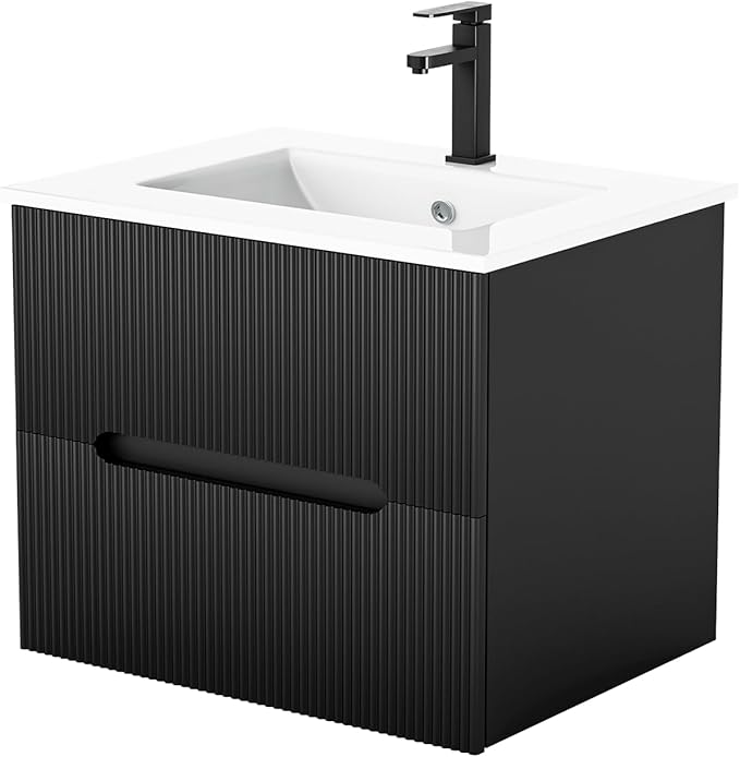 EROMMY 24 Inch Bathroom Vanity with Sink, Floating Bathroom Vanity with Ceramic Basin, Wall Mounted Bathroom Sink Cabinet Set with Soft-Close 2 Drawers, Faucet & Pop Up Drain, Black