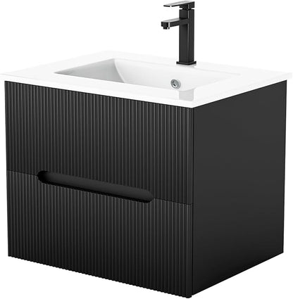 EROMMY 24 Inch Bathroom Vanity with Sink, Floating Bathroom Vanity with Ceramic Basin, Wall Mounted Bathroom Sink Cabinet Set with Soft-Close 2 Drawers, Faucet & Pop Up Drain, Black