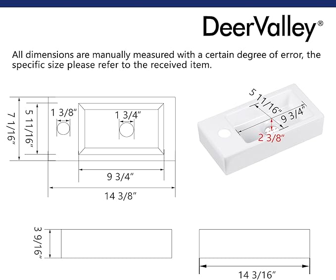 Small Bathroom Sink DeerValley, 15"x7" Mini Rectangle Wall Mount Vessel Sink for Bathroom Powder Room Cloakroom, Floating Space Saving Design, Easy to Clean White Ceramic Wash Basin (Left Hand)