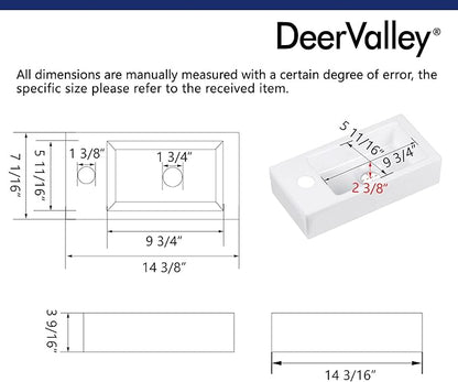 Small Bathroom Sink DeerValley, 15"x7" Mini Rectangle Wall Mount Vessel Sink for Bathroom Powder Room Cloakroom, Floating Space Saving Design, Easy to Clean White Ceramic Wash Basin (Left Hand)