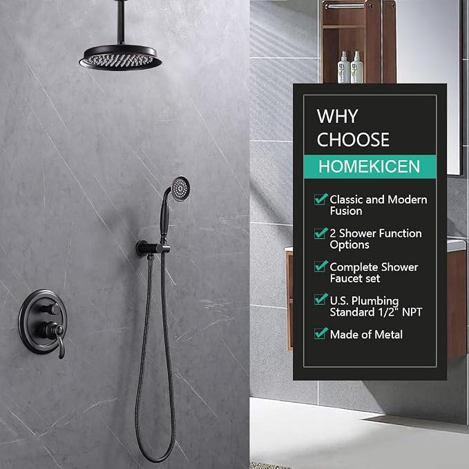 Antique Faucet Shower System with Handheld Spray | Oil Rubbed Bronze Finish, Multi-layer Plating, Vintage Rainfall, 2 Way Diverter Brass Valve, Ceiling Mount Easy Install