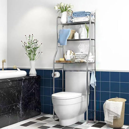 2-Tier Over The Toilet Storage, Over Toilet Bathroom Organizer, Freestanding Metal Bathroom Shelves, Over The Toilet Organizer with Hooks and Paper Holder, Space-Saving, Stainless Steel