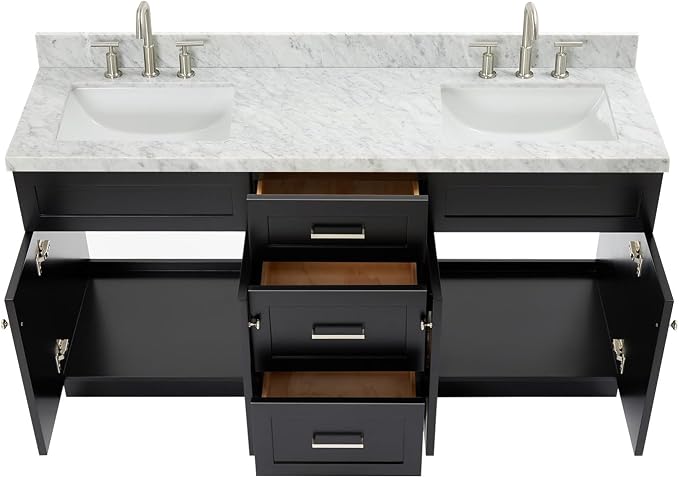 Bradford 66" Black Double Bathroom Vanity, 1.5" Edge Italian Carrara Marble Countertop, Rectangular Undermount Sinks, 2 Soft Closing Doors, 3 Dovetail Drawers, Brushed Nickel