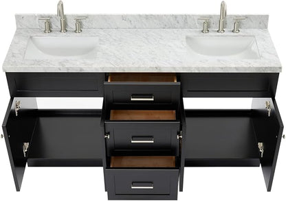 Bradford 66" Black Double Bathroom Vanity, 1.5" Edge Italian Carrara Marble Countertop, Rectangular Undermount Sinks, 2 Soft Closing Doors, 3 Dovetail Drawers, Brushed Nickel