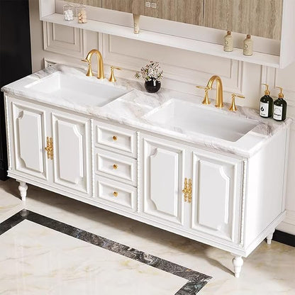 Bathroom Vanity with Single/Double Sink,Smart Defogging Mirror and Cabinet,48-92IN French Elegant Style Solid Wood Floor Standing Vanity