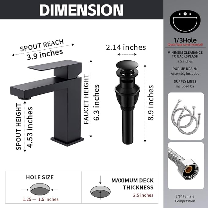 Matte Black Bathroom Faucet, Modern Single Handle Square Bathroom Sink Faucet with Pop Up Drain Assembly, Stainless Steel Vanity Bathroom Faucets, Single Hole Deck Mount,BF011B