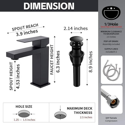 Matte Black Bathroom Faucet, Modern Single Handle Square Bathroom Sink Faucet with Pop Up Drain Assembly, Stainless Steel Vanity Bathroom Faucets, Single Hole Deck Mount,BF011B