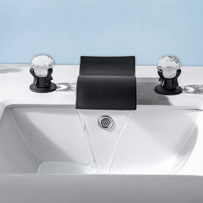 Widespread Bathroom Sink Faucet with Crystal Knob 3 Hole Waterfall Vanity Faucet 8 Inch Crystal Bathroom Faucets Deck Mount Basin Mixer Tap with Hose, Matte Black
