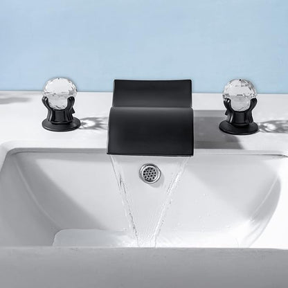 Widespread Bathroom Sink Faucet with Crystal Knob 3 Hole Waterfall Vanity Faucet 8 Inch Crystal Bathroom Faucets Deck Mount Basin Mixer Tap with Hose, Matte Black