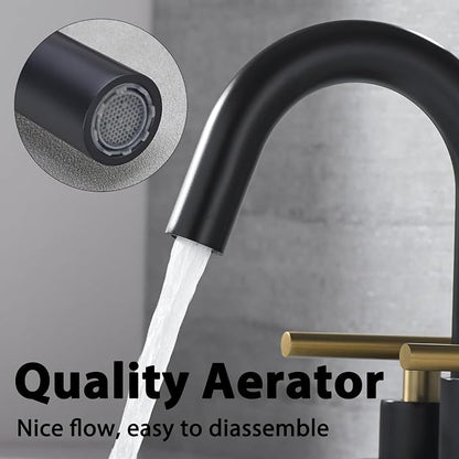 Bathroom Faucet, 3-Hole Black and Gold Vanity Faucet with Metal Sink Drain, 2-Handle 4-Inch Centerset