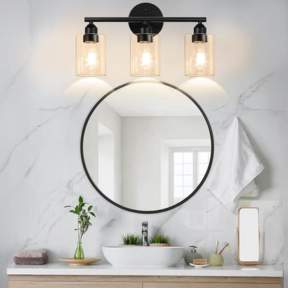3-Light Bathroom Vanity Light Fixture, Modern Wall Lamp for Mirror with Clear Amber Glass Shade and Black Finish