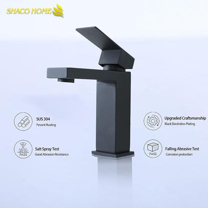 SHACO Black Single Hole Bathroom Faucet, Stainless Steel Single Handle Vanity Sink Faucet with Pop Up Drain and Supply Line, SC-YH1301B-SHBS
