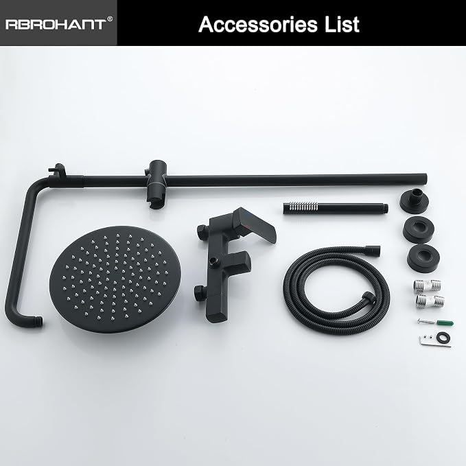 RBROHANT Exposed Shower System with Tub Spout, Matte Black Exposed Pipe Shower Faucet with 3 Functions Brass Shower Valve, Shower Height Adjustable, Wall Mounted