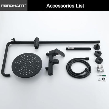 RBROHANT Exposed Shower System with Tub Spout, Matte Black Exposed Pipe Shower Faucet with 3 Functions Brass Shower Valve, Shower Height Adjustable, Wall Mounted