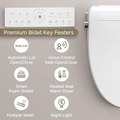 Electric Toilet Seat Elongated with Voice Control, Heated Toilet Seat with Warm Water & Dryer, Radar Sensor Auto Open/Close, LED Temp Display, Electric Bidet Toilet Seat for Bathroom