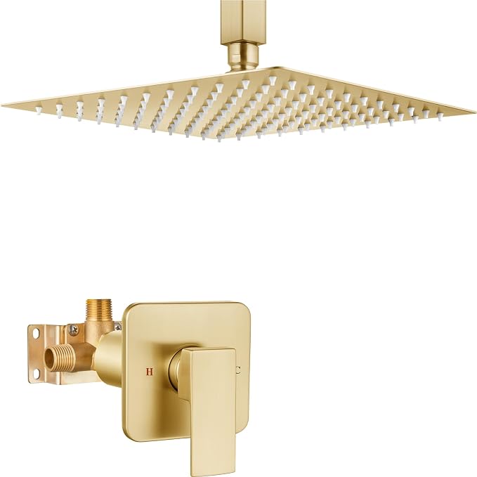 Heyalan 12-Inch Ceiling Mount Shower Faucet Set with Valve, Brushed Gold | Rainfall shower head, ceiling-mount design, SUS304 steel, adjustable angle, single-handle control