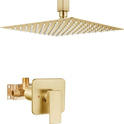 Heyalan 12-Inch Ceiling Mount Shower Faucet Set with Valve, Brushed Gold | Rainfall shower head, ceiling-mount design, SUS304 steel, adjustable angle, single-handle control