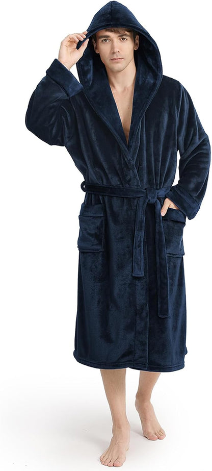 Yurhap Luxury Mens Robe with Hood, Ultra Cozy Fleece Bathrobe for Men, Plush Hooded Robe with Belt & 2 Pockets